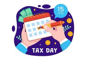 Happy Tax Day Vector Illustration on 15 April with Clipboard Tax Form, Clock, Pen, Coins Money and Paper Document to Pay the bills in Flat Background