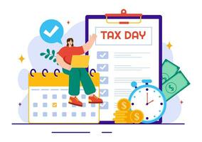 Happy Tax Day Vector Illustration on 15 April with Clipboard Tax Form, Clock, Pen, Coins Money and Paper Document to Pay the bills in Flat Background