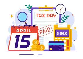 Happy Tax Day Vector Illustration on 15 April with Clipboard Tax Form, Clock, Pen, Coins Money and Paper Document to Pay the bills in Flat Background