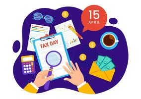 Happy Tax Day Vector Illustration on 15 April with Clipboard Tax Form, Clock, Pen, Coins Money and Paper Document to Pay the bills in Flat Background