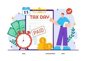 Happy Tax Day Vector Illustration on 15 April with Clipboard Tax Form, Clock, Pen, Coins Money and Paper Document to Pay the bills in Flat Background