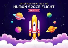 internacional día de humano espacio vuelo vector ilustración en 12 abril con astronauta en pie en el luna, transmisor satélites y planetas