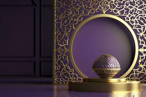 AI generated golden and  purple islamic podium background with ornate design photo