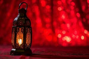 AI generated Red Ornamental Arabic lantern glowing at night invitation for Muslim holy month Ramadan Kareem photo