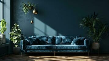 AI generated living room interior design with sofa minimal aesthetic light blue velvet 3d rendered photo
