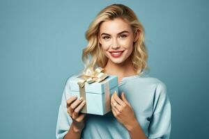 AI generated Portrait of a beautiful young woman smiling with gift box on isolated background generative AI photo