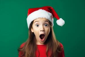 ai generado emocionado pequeño niña con grande ojos en Papa Noel claus disfraz brillante verde antecedentes foto