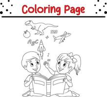 Coloring page kids reading book education concept vector