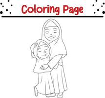 Coloring page Muslim mother hugging her daughter vector