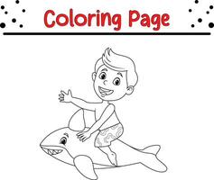 Coloring page little boy riding inflatable shark vector