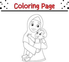 Coloring page Muslim mother hugging her son vector