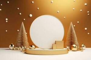 AI generated 3d rendered golden Podium display for merry Christmas event photo