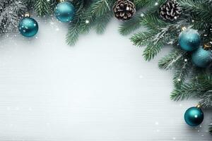 AI generated christmas holidays composition of fir tree branches with baubles and copy space photo