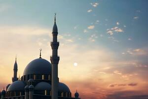 AI generated Ramadan Kareem. Tall minarets, mosque dome and crescent and shining star in the sky. Religious background. photo
