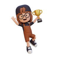 3D girl character celebrating win holding a trophy png