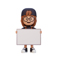 3D girl character holding a blank placard png