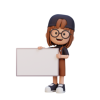 3D girl character holding a blank placard png