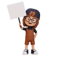 3D girl character holding a blank placard png