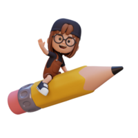 3D girl character riding a pencil and waving hand png