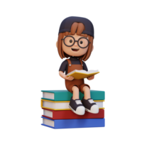 3d contento niña personaje leyendo libro png