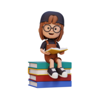 3D happy girl character reading book png