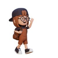 3d content fille personnage en marchant et agitant main png