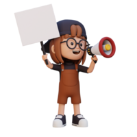 3D girl character holding a blank placard png