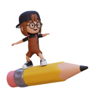 3D girl character standing riding a pencil png