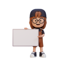 3D girl character holding a blank placard png