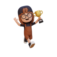 3D girl character celebrating win holding a trophy png