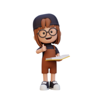 3D happy girl character reading book png