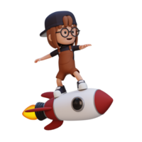 3D girl character standing riding a rocket png