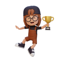 3D girl character celebrating win holding a trophy png