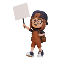 3D girl character holding a blank placard png