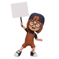 3D girl character holding a blank placard png