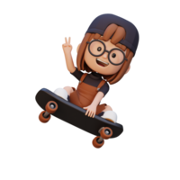 3D girl character ride skateboard png