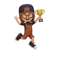 3D girl character celebrating win holding a trophy png