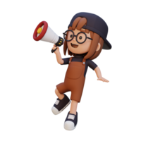 3D cute girl Character jumping and talking on Megaphone png