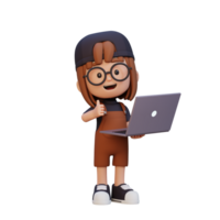 3D cute girl character give a thumb up while holding a laptop png