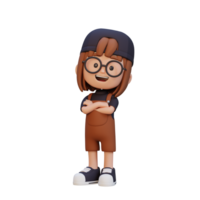 3D cute girl character in confident pose crossed hand png