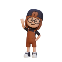 3D girl character waving hand with cute happy face png