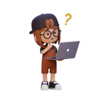 3D cute girl character confused on a laptop png