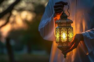 AI generated Muslim man holding arabic lantern, Ramadan kareem background photo