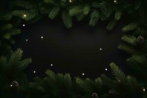 AI generated Christmas composition of fir tree branches on black background photo