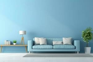 AI generated Blue living room interior design with sofa minimal aesthetic 3d rendered photo