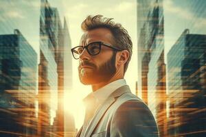 AI generated Double exposure of businessman and city. photo