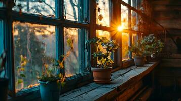 AI generated Cozy Sunlit Window with Potted Plants Ablaze photo
