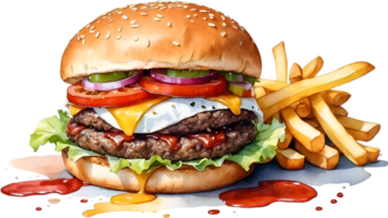 AI generated Watercolor painting of a delicious-looking Burger and fries. png