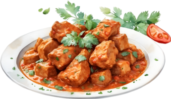 AI generated Watercolor painting of a delicious-looking Chicken Tikka Masala. Ai-generated. png