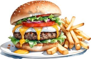 AI generated Watercolor painting of a delicious-looking Burger and fries. png